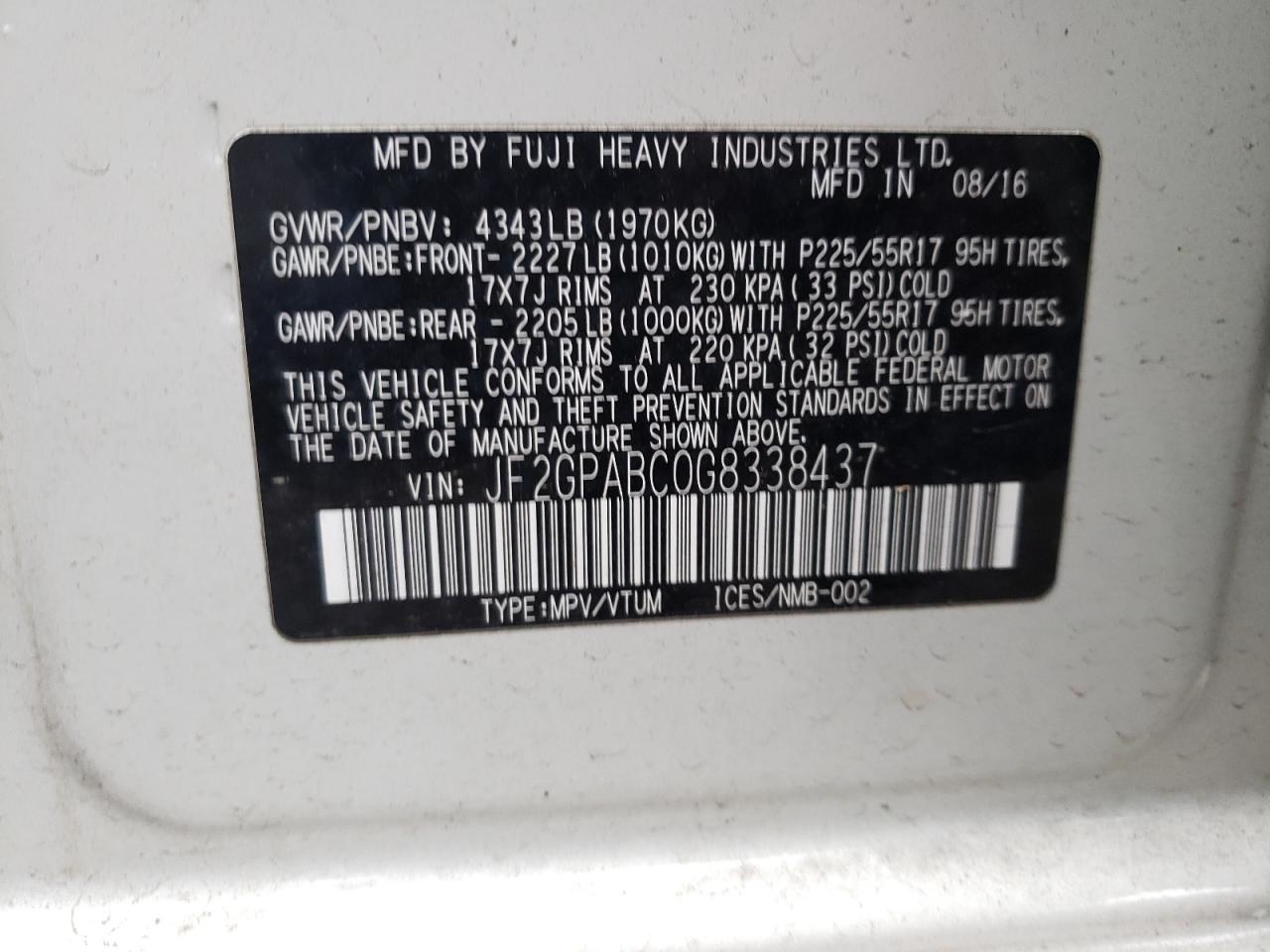 Photo 10 from auction – 2016 SUBARU CROSSTREK with VIN JF2GPABC0G8338437