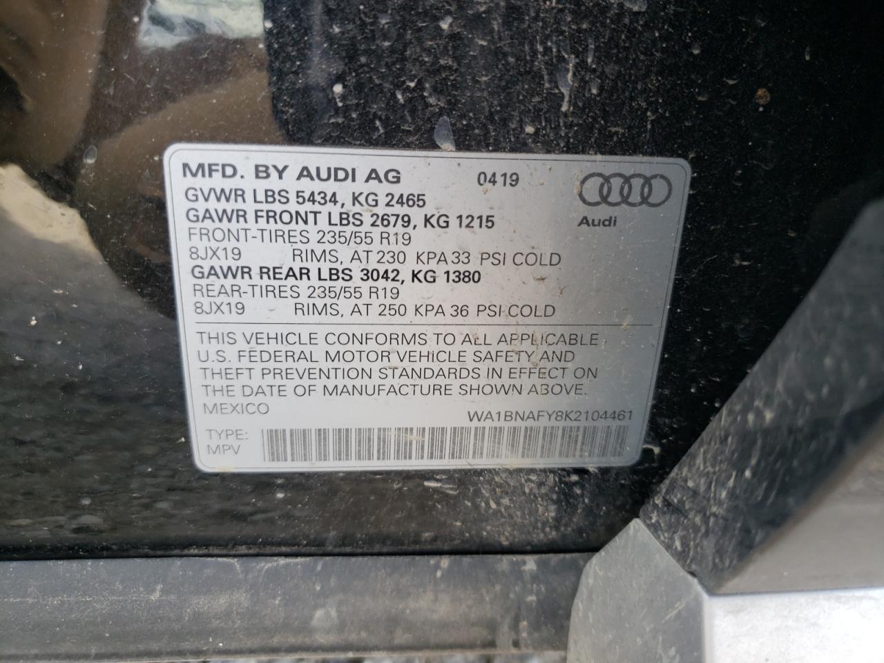 Photo 10 from auction – 2019 AUDI Q5 PREMIUM with VIN WA1BNAFY8K2104461