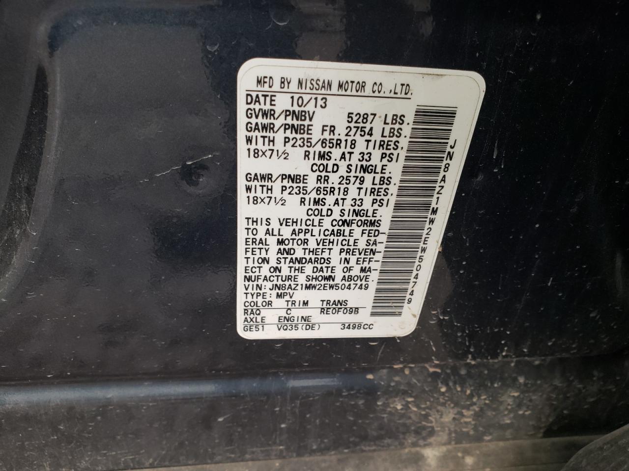 Photo 10 from auction – 2014 NISSAN MURANO S with VIN JN8AZ1MW2EW504749