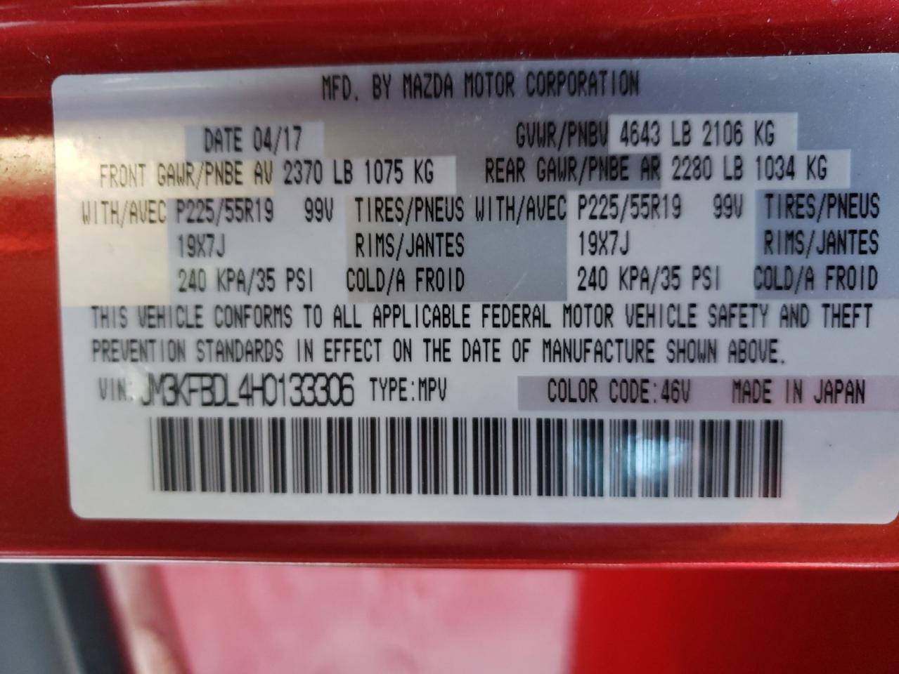 Photo 10 from auction – 2017 MAZDA CX-5 GRAND with VIN JM3KFBDL4H0133306