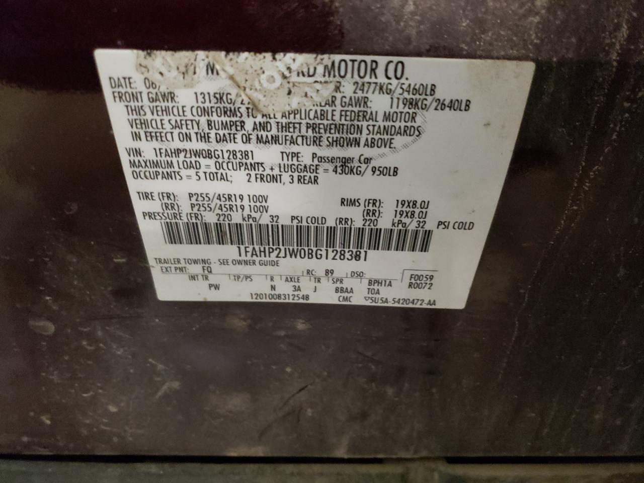 Photo 10 from auction – 2011 FORD TAURUS LIM with VIN 1FAHP2JW0BG128381
