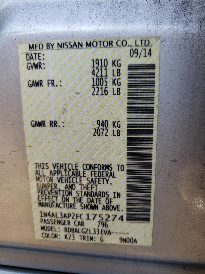 Photo 10 from auction – 2015 NISSAN ALTIMA 2.5 with VIN 1N4AL3AP2FC175274