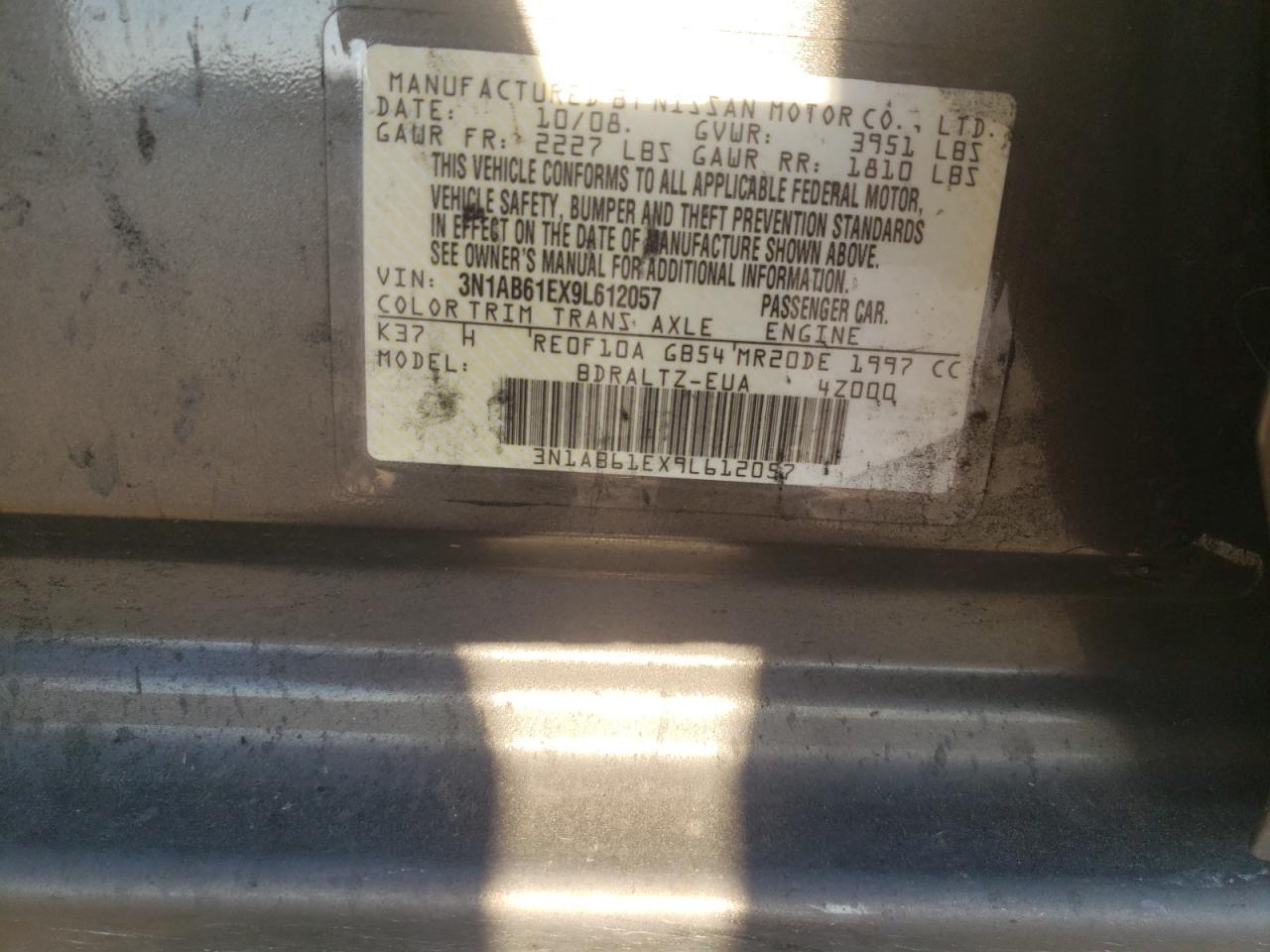 Photo 10 from auction – 2009 NISSAN SENTRA with VIN 3N1AB61EX9L612057