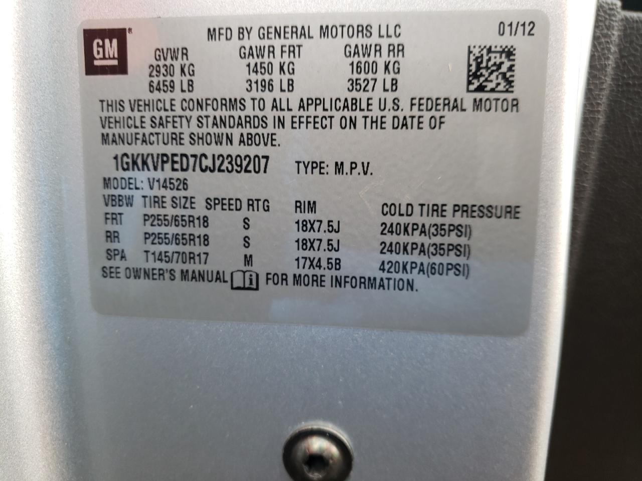 Photo 10 from auction – 2012 GMC ACADIA SLE with VIN 1GKKVPED7CJ239207