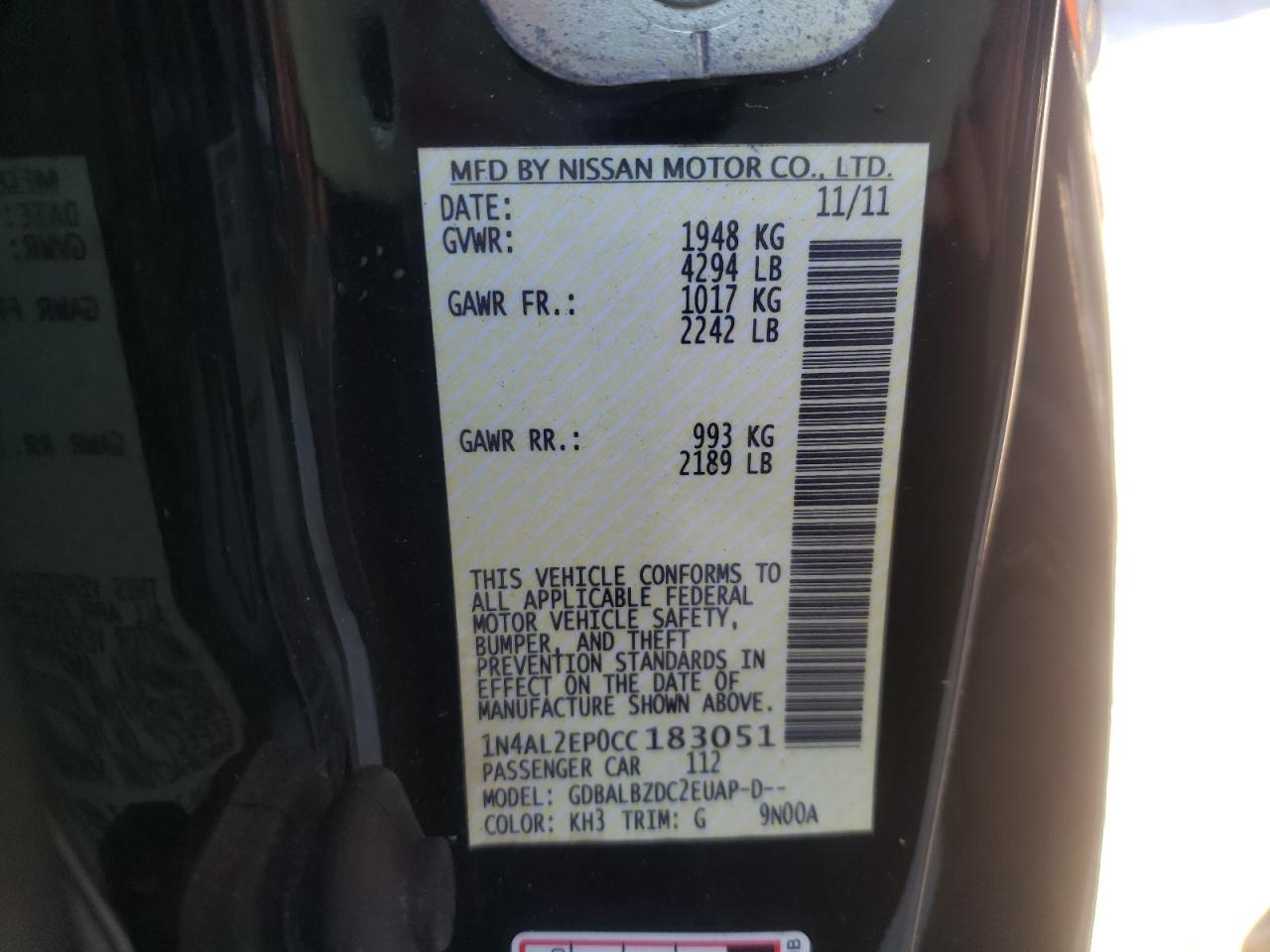 Photo 10 from auction – 2012 NISSAN ALTIMA S with VIN 1N4AL2EP0CC183051