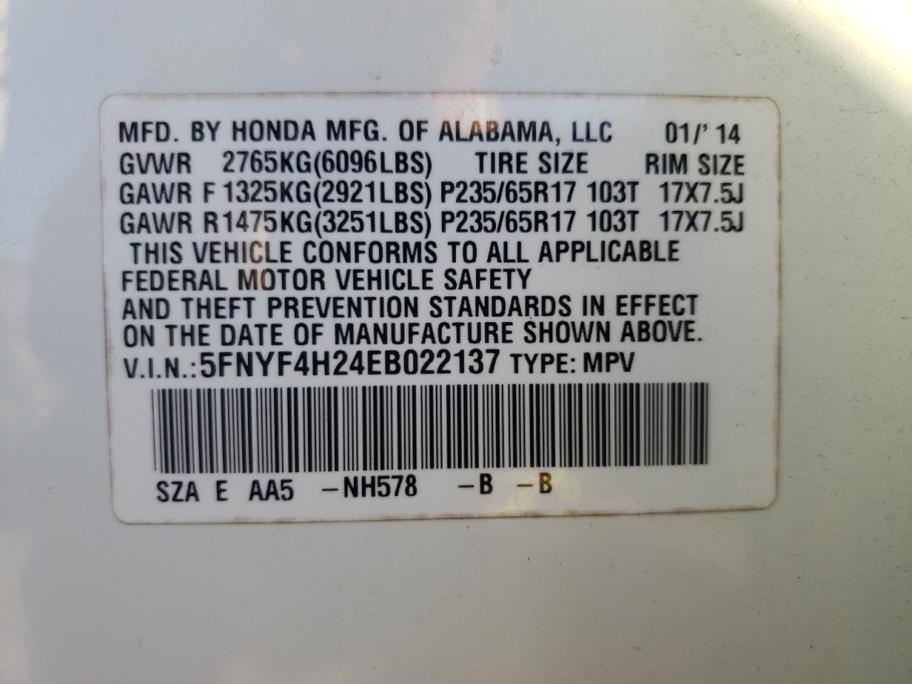 Photo 10 from auction – 2014 HONDA PILOT LX with VIN 5FNYF4H24EB022137