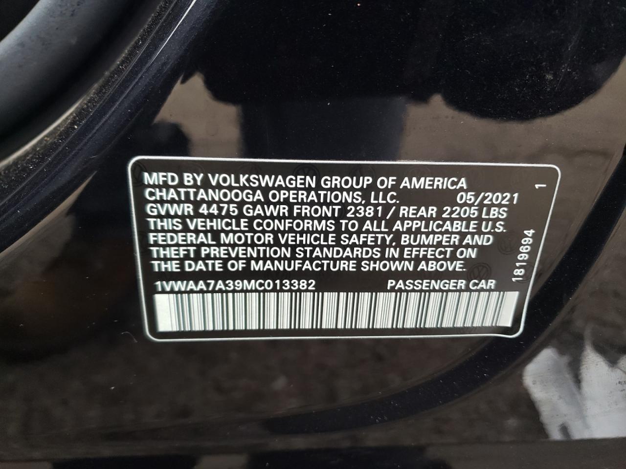 Photo 10 from auction – 2021 VOLKSWAGEN PASSAT S with VIN 1VWAA7A39MC013382