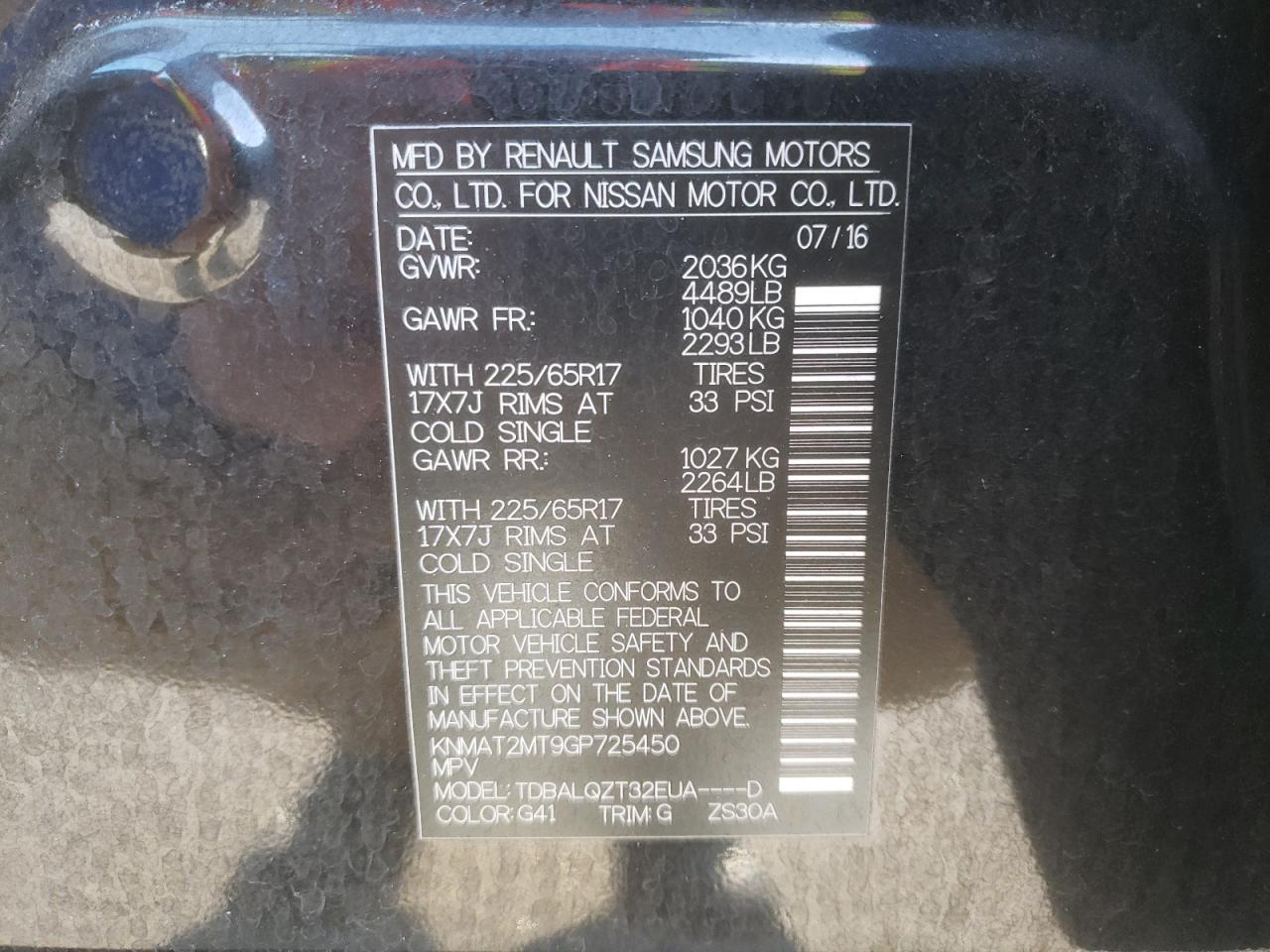 Photo 10 from auction – 2016 NISSAN ROGUE S with VIN KNMAT2MT9GP725450