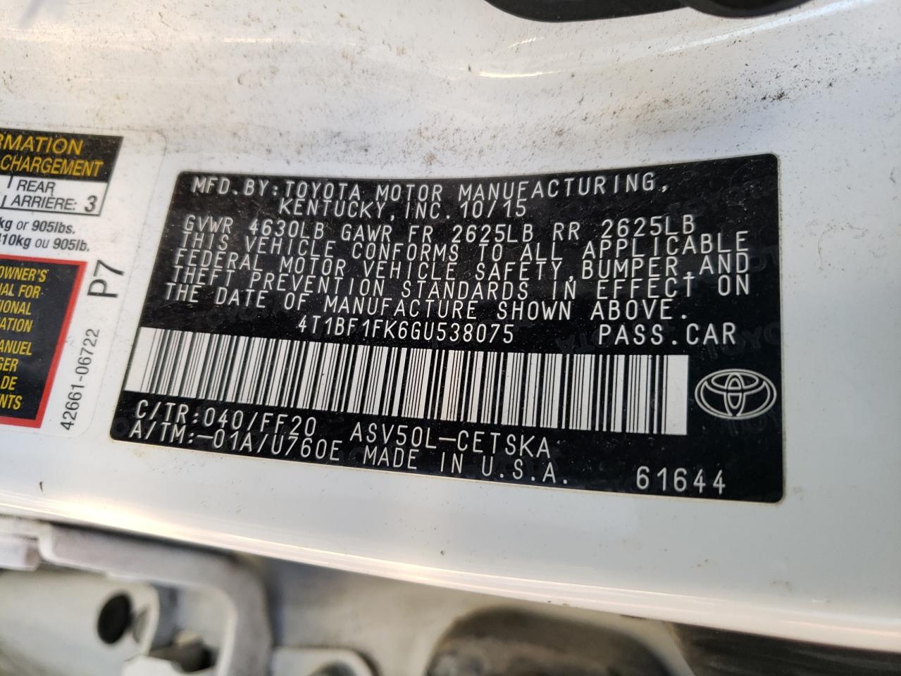 Photo 10 from auction – 2016 TOYOTA CAMRY LE with VIN 4T1BF1FK6GU538075