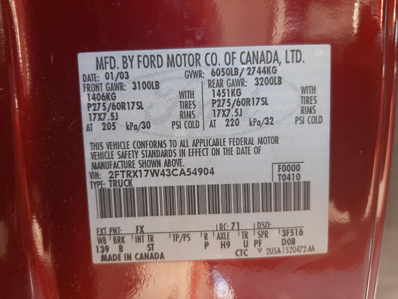 Photo 10 from auction – 2003 FORD F150 with VIN 2FTRX17W43CA54904