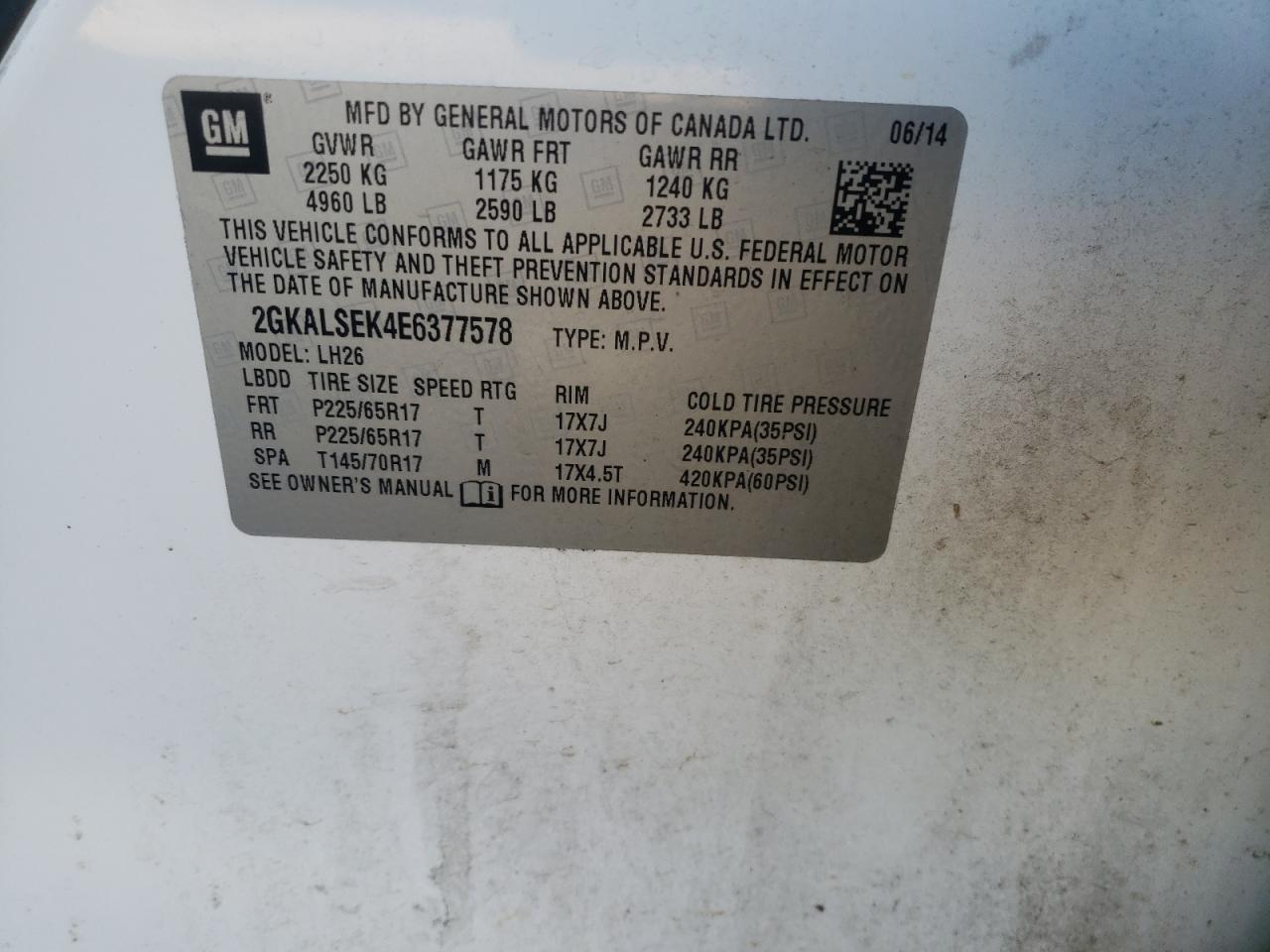 Photo 10 from auction – 2014 GMC TERRAIN SL with VIN 2GKALSEK4E6377578
