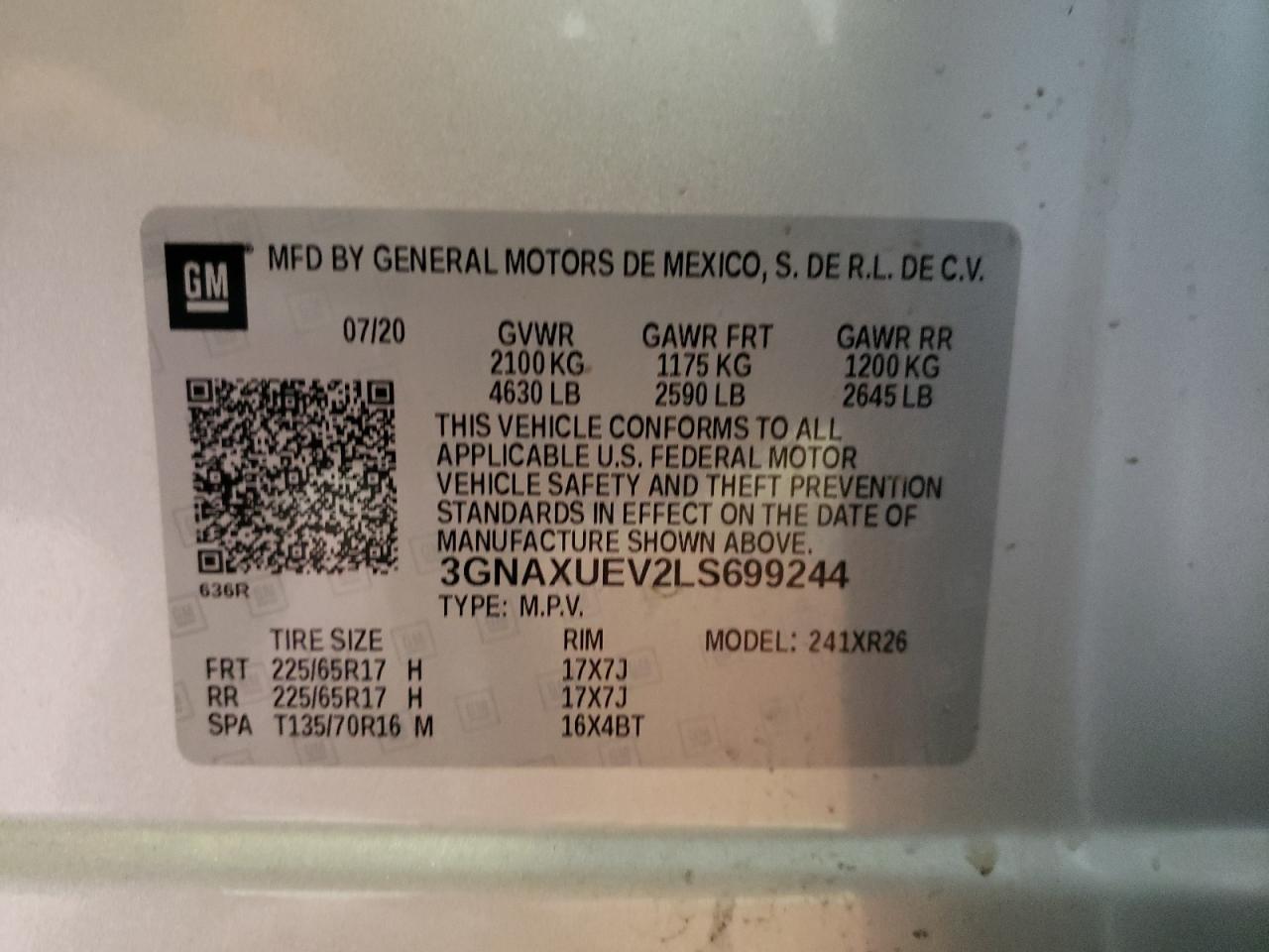 Photo 10 from auction – 2020 CHEVROLET EQUINOX LT with VIN 3GNAXUEV2LS699244