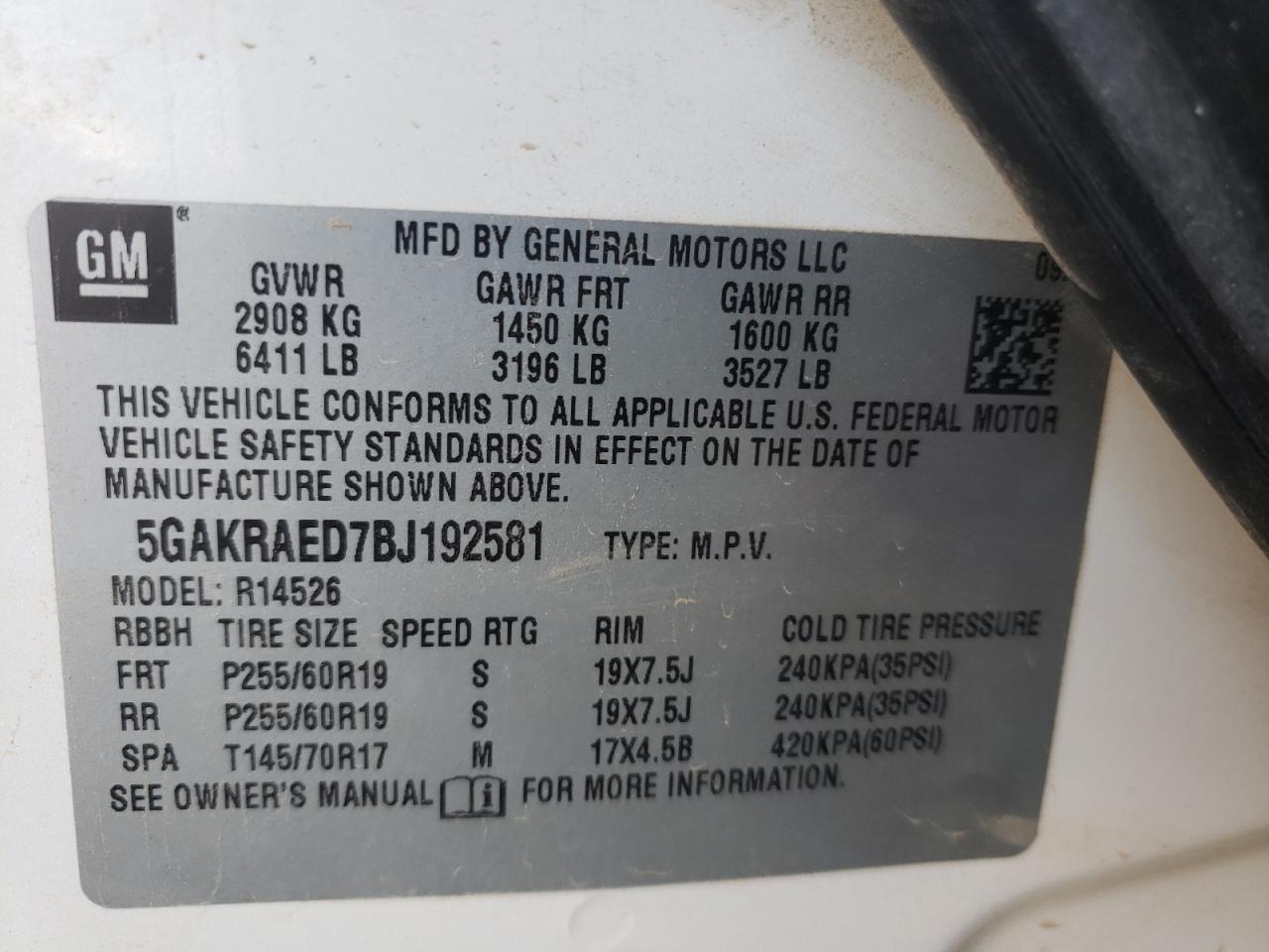 Photo 10 from auction – 2011 BUICK ENCLAVE CX with VIN 5GAKRAED7BJ192581