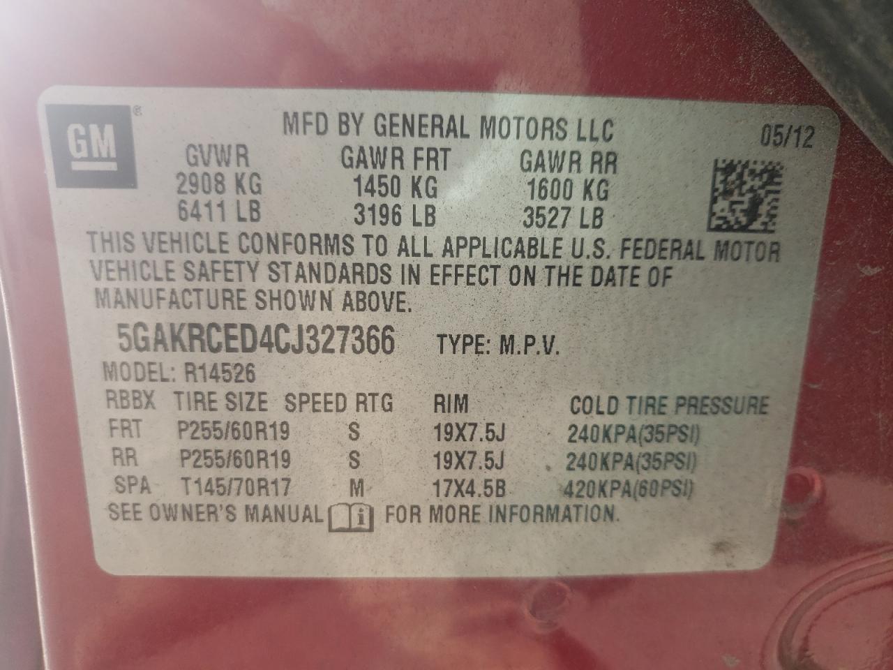 Photo 10 from auction – 2012 BUICK ENCLAVE with VIN 5GAKRCED4CJ327366