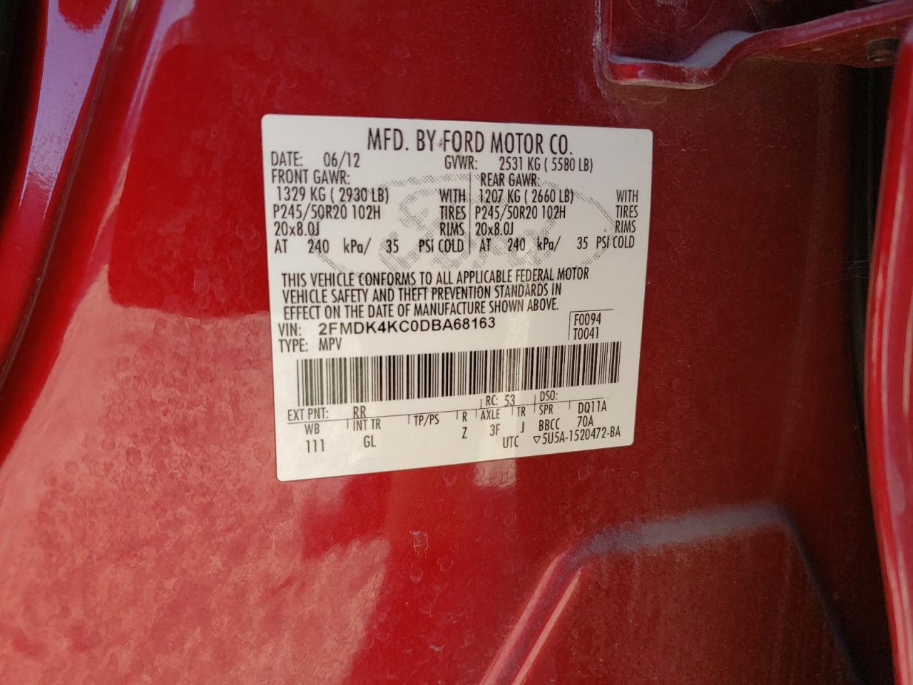 Photo 10 from auction – 2013 FORD EDGE LIMIT with VIN 2FMDK4KC0DBA68163
