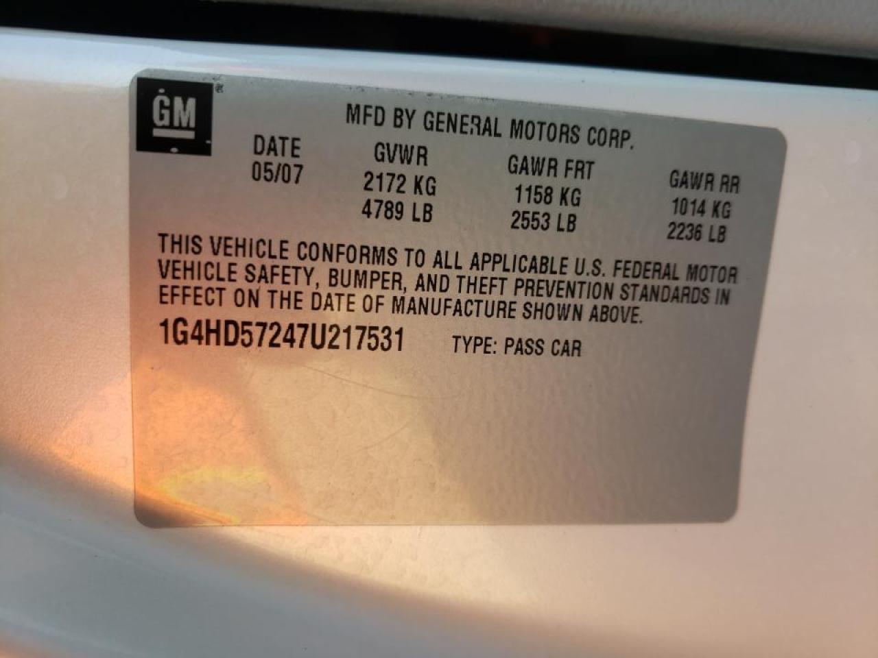 Photo 10 from auction – 2007 BUICK LUCERNE CX with VIN 1G4HD57247U217531