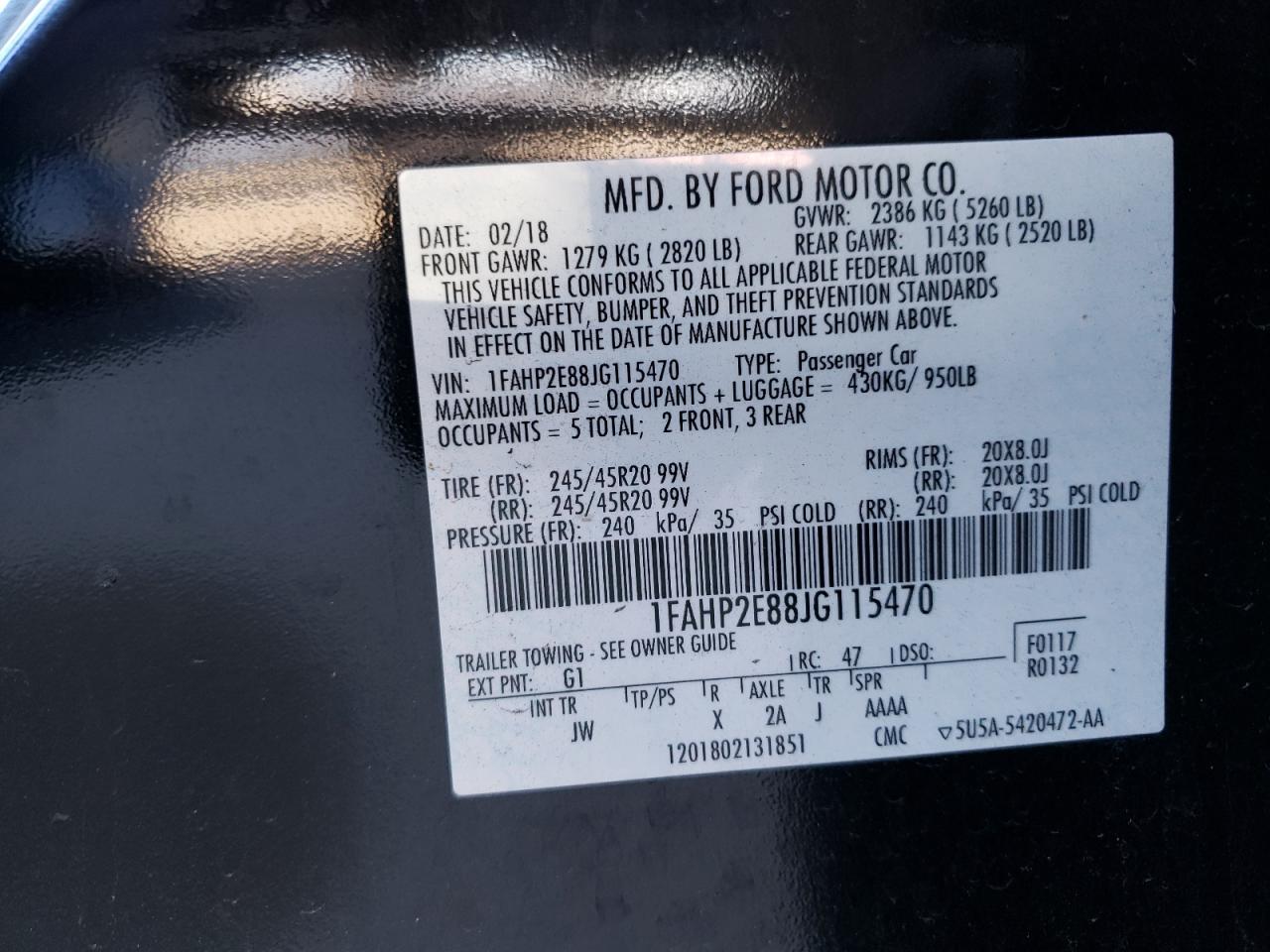 Photo 10 from auction – 2018 FORD TAURUS SEL with VIN 1FAHP2E88JG115470