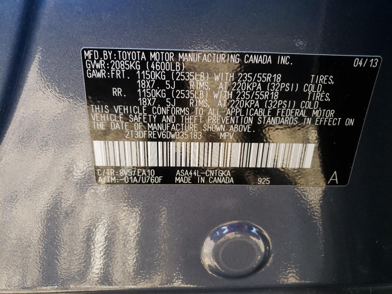 Photo 10 from auction – 2013 TOYOTA RAV4 LIMIT with VIN 2T3DFREV6DW035183