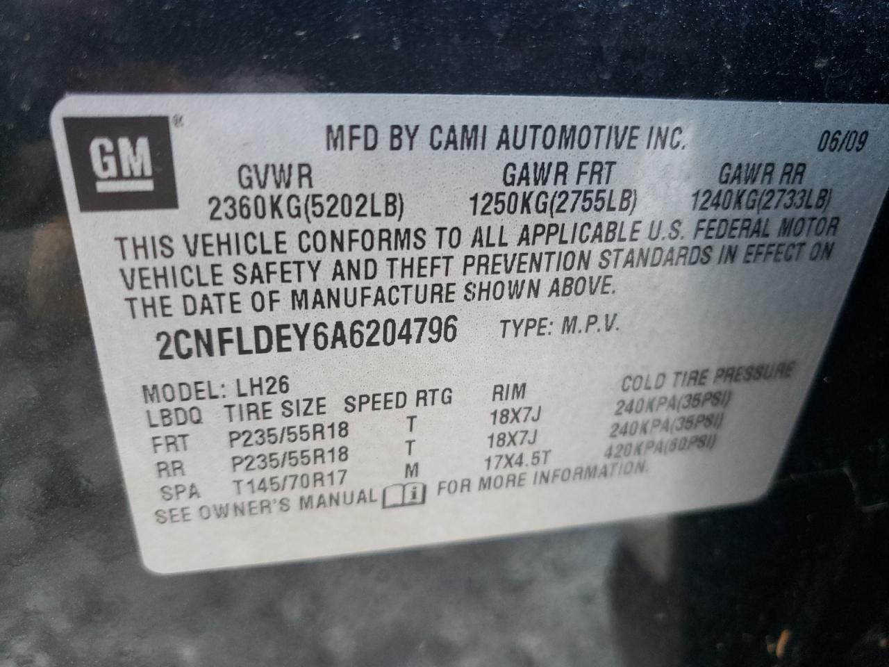 Photo 10 from auction – 2010 CHEVROLET EQUINOX LT with VIN 2CNFLDEY6A6204796