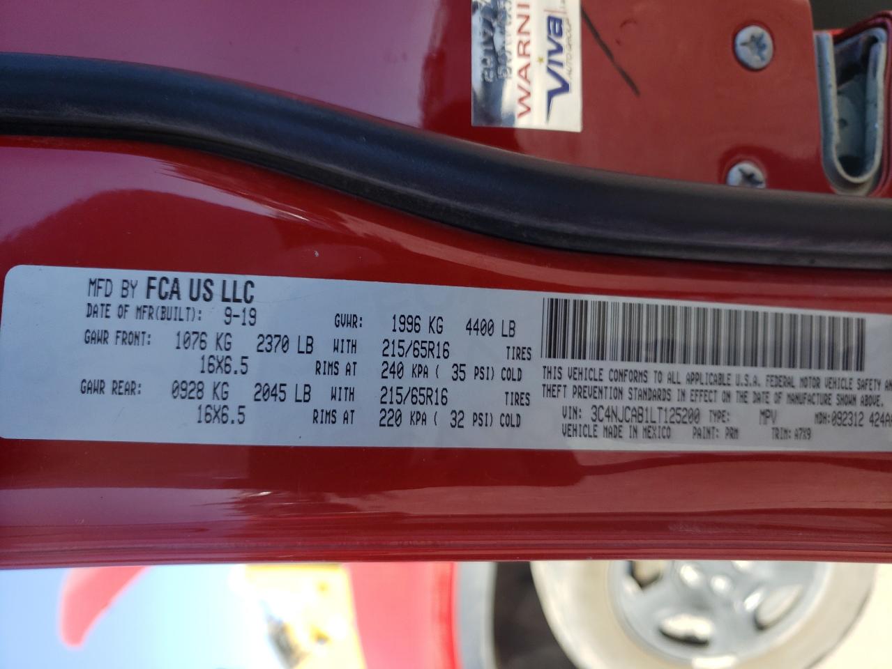 Photo 10 from auction – 2020 JEEP COMPASS SP with VIN 3C4NJCAB1LT125200