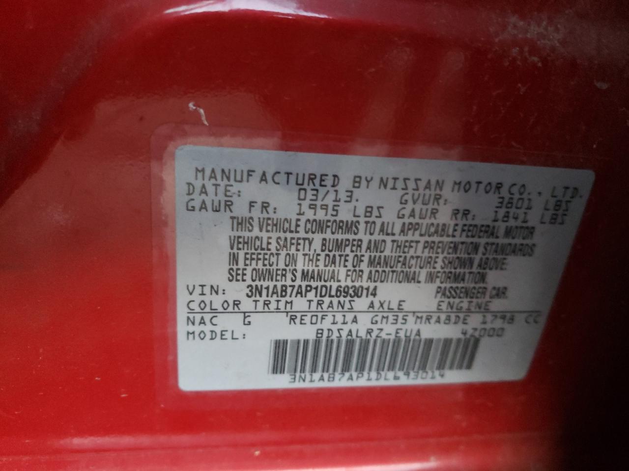 Photo 10 from auction – 2013 NISSAN SENTRA S with VIN 3N1AB7AP1DL693014
