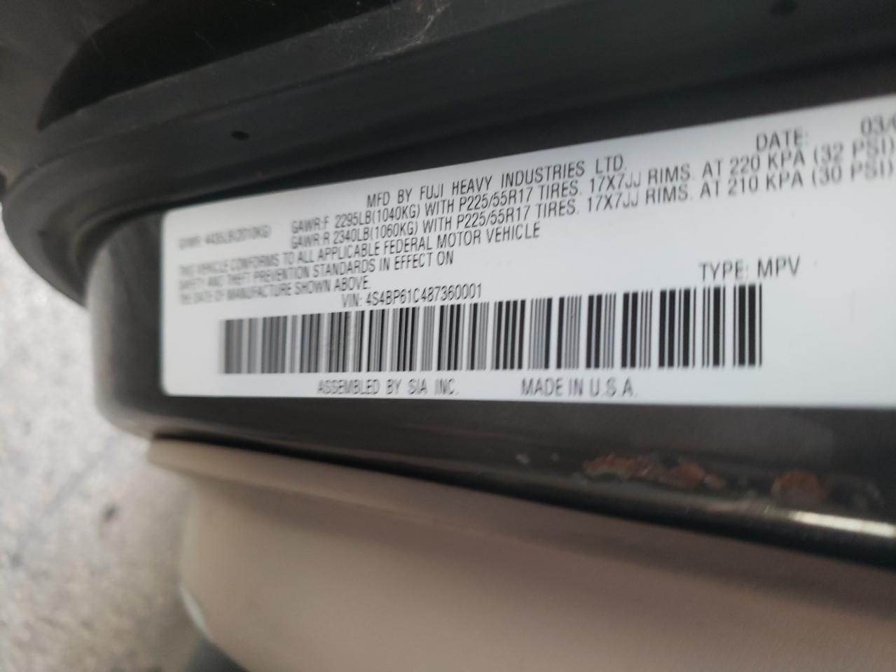 Photo 10 from auction – 2008 SUBARU OUTBACK 2. with VIN 4S4BP61C487360001