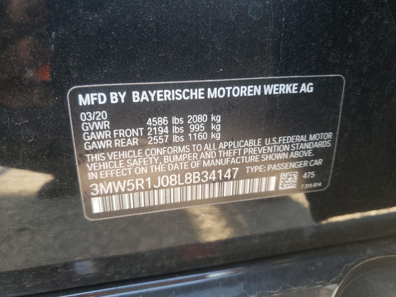 Photo 10 from auction – 2020 BMW 330I with VIN 3MW5R1J08L8B34147