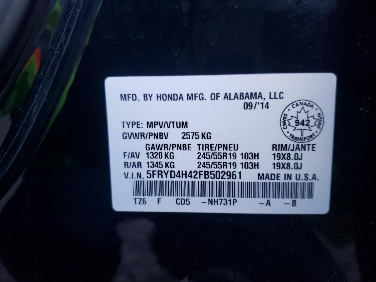 Photo 10 from auction – 2015 ACURA MDX TECHNO with VIN 5FRYD4H42FB502961