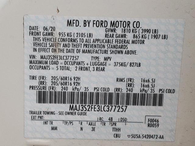 Photo 10 from auction – 2020 FORD ECOSPORT S with VIN MAJ3S2FE3LC377257
