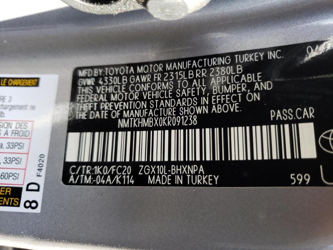 Photo 10 from auction – 2019 TOYOTA C-HR XLE with VIN NMTKHMBX0KR091238