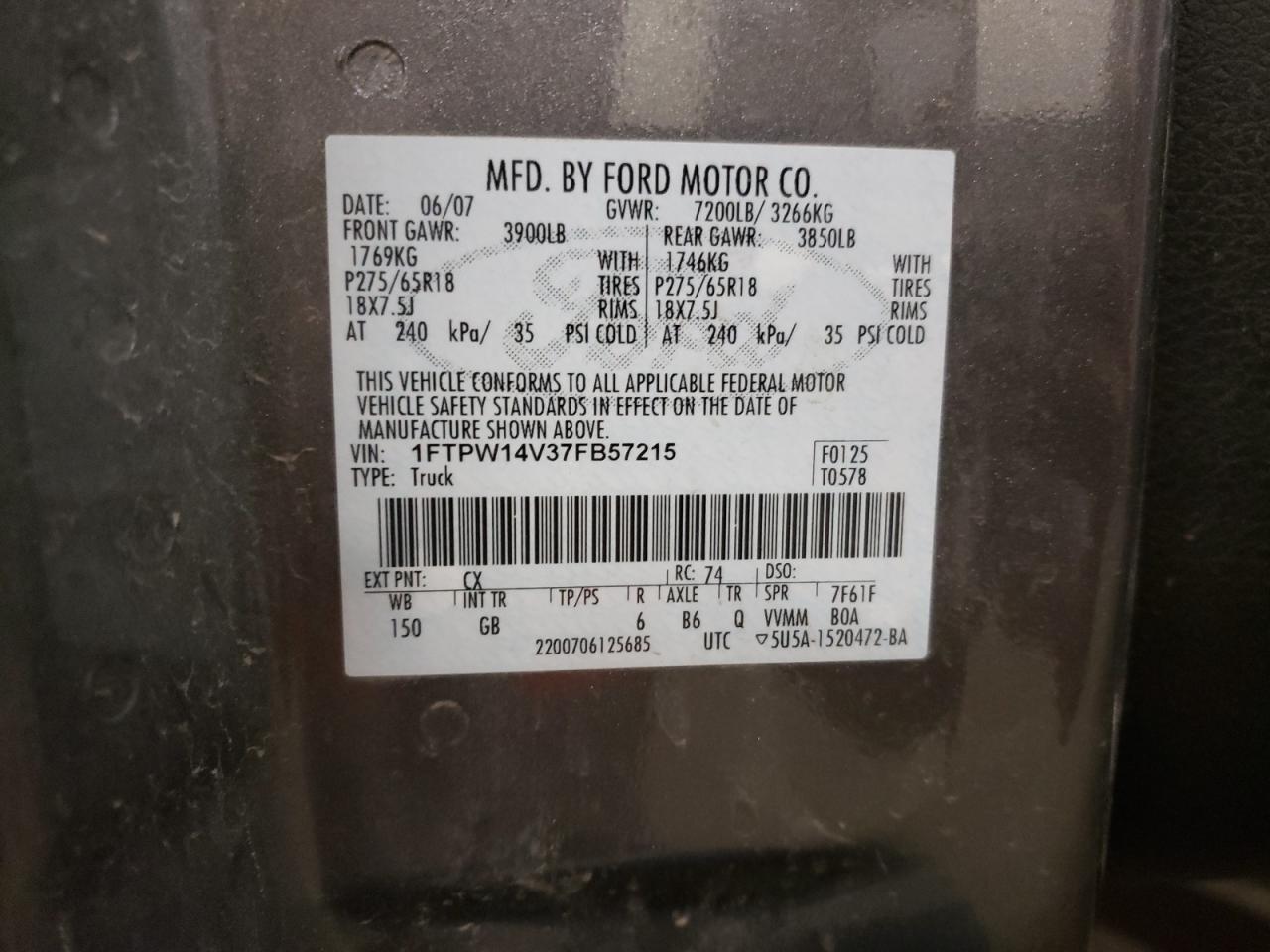 Photo 10 from auction – 2007 FORD F150 SUPER with VIN 1FTPW14V37FB57215