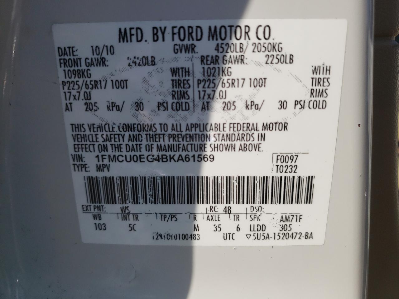Photo 10 from auction – 2011 FORD ESCAPE LIM with VIN 1FMCU0EG4BKA61569