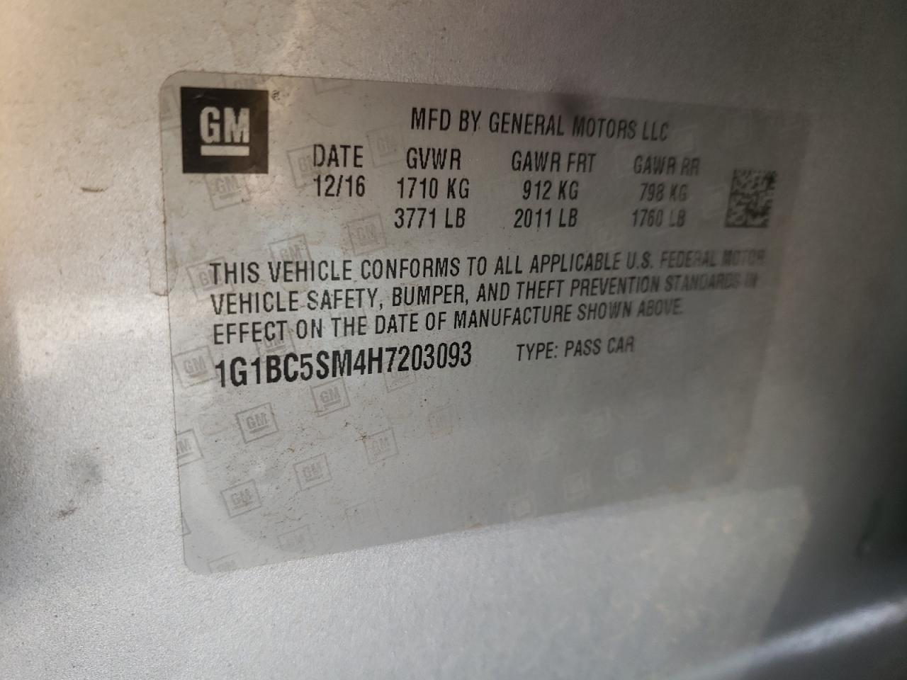 Photo 10 from auction – 2017 CHEVROLET CRUZE LS with VIN 1G1BC5SM4H7203093