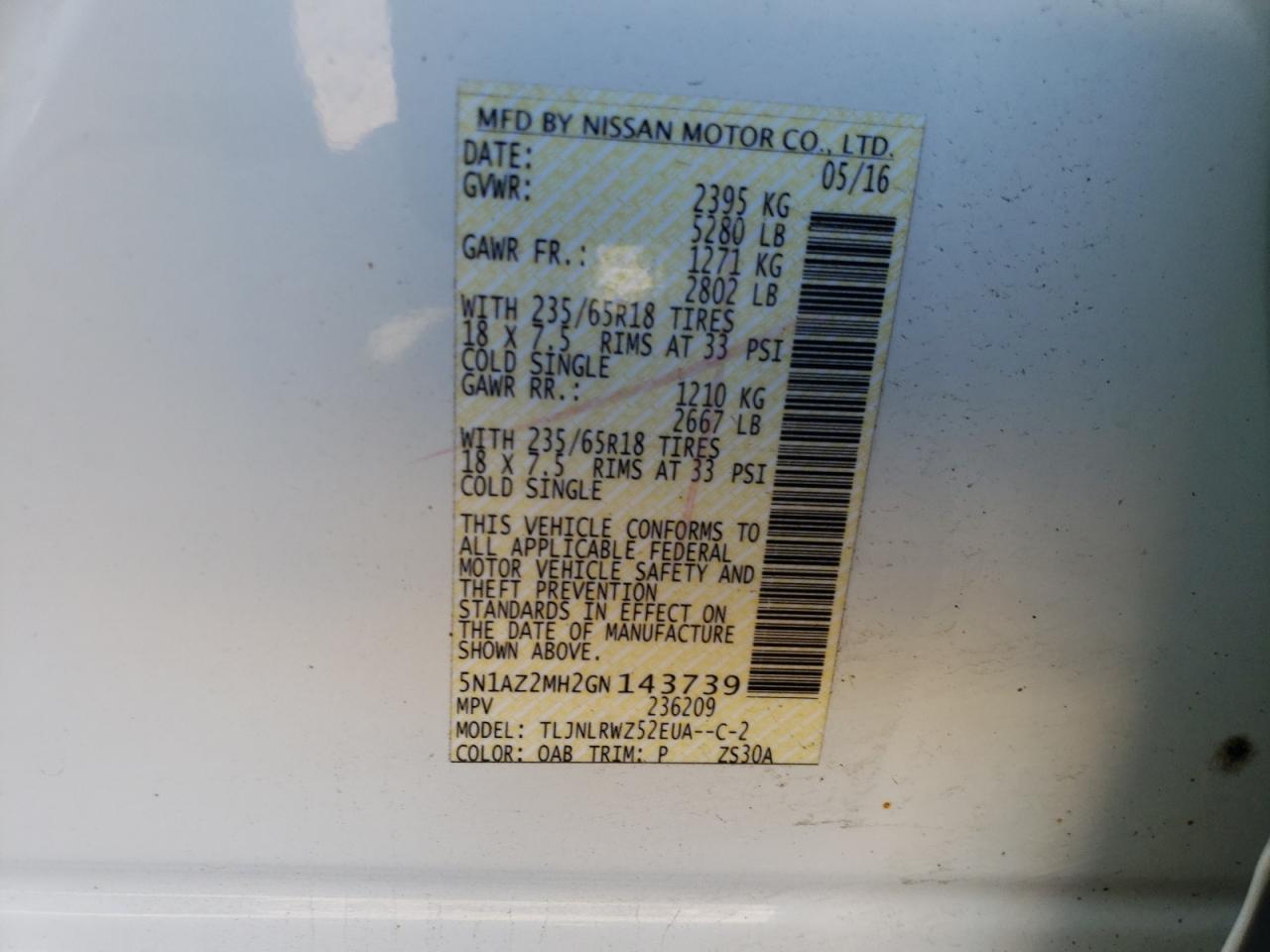Photo 10 from auction – 2016 NISSAN MURANO S with VIN 5N1AZ2MH2GN143739