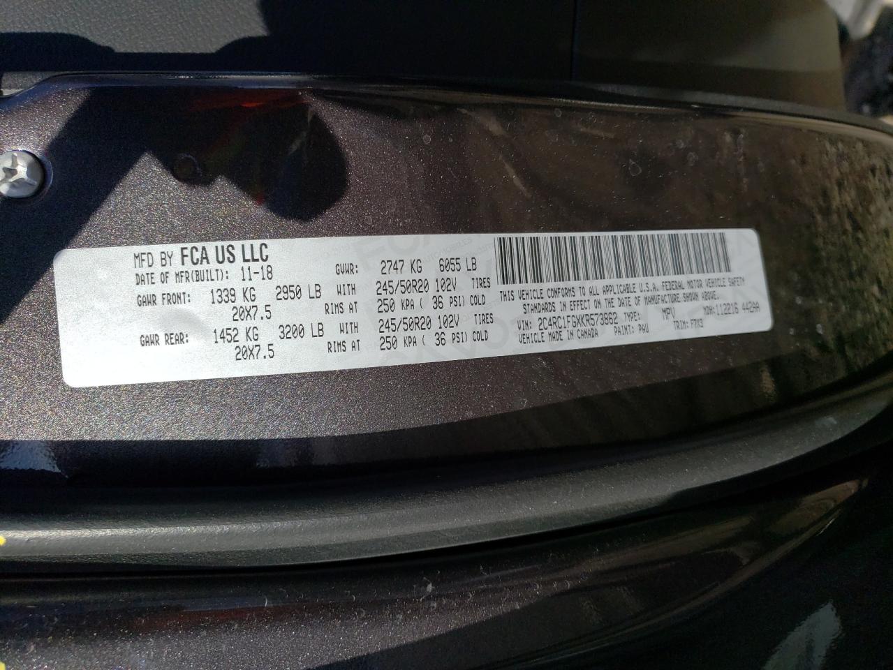Photo 10 from auction – 2019 CHRYSLER PACIFICA T with VIN 2C4RC1FGXKR573862