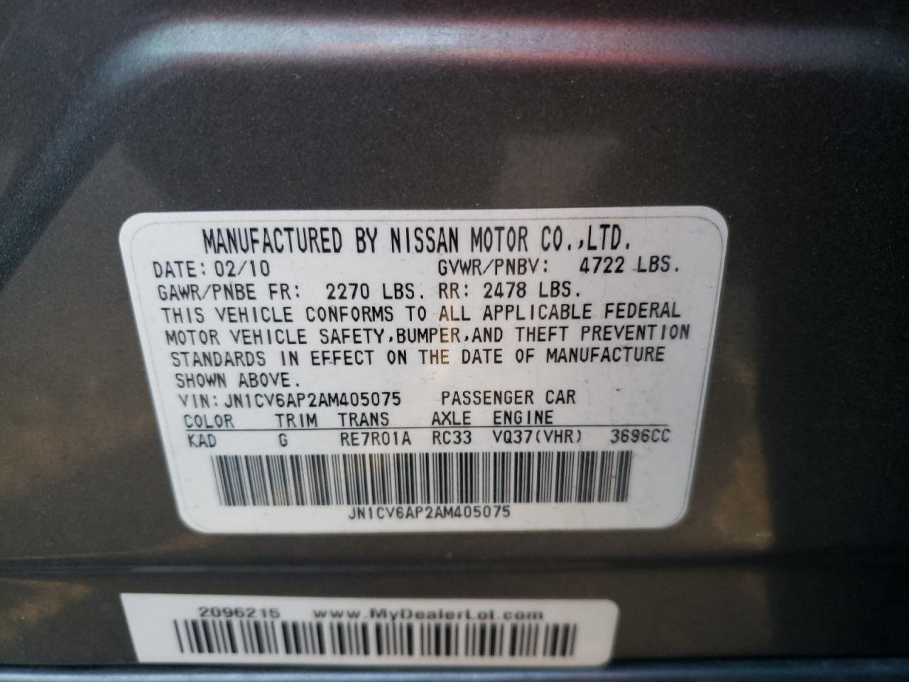 Photo 10 from auction – 2010 INFINITI G37 BASE with VIN JN1CV6AP2AM405075