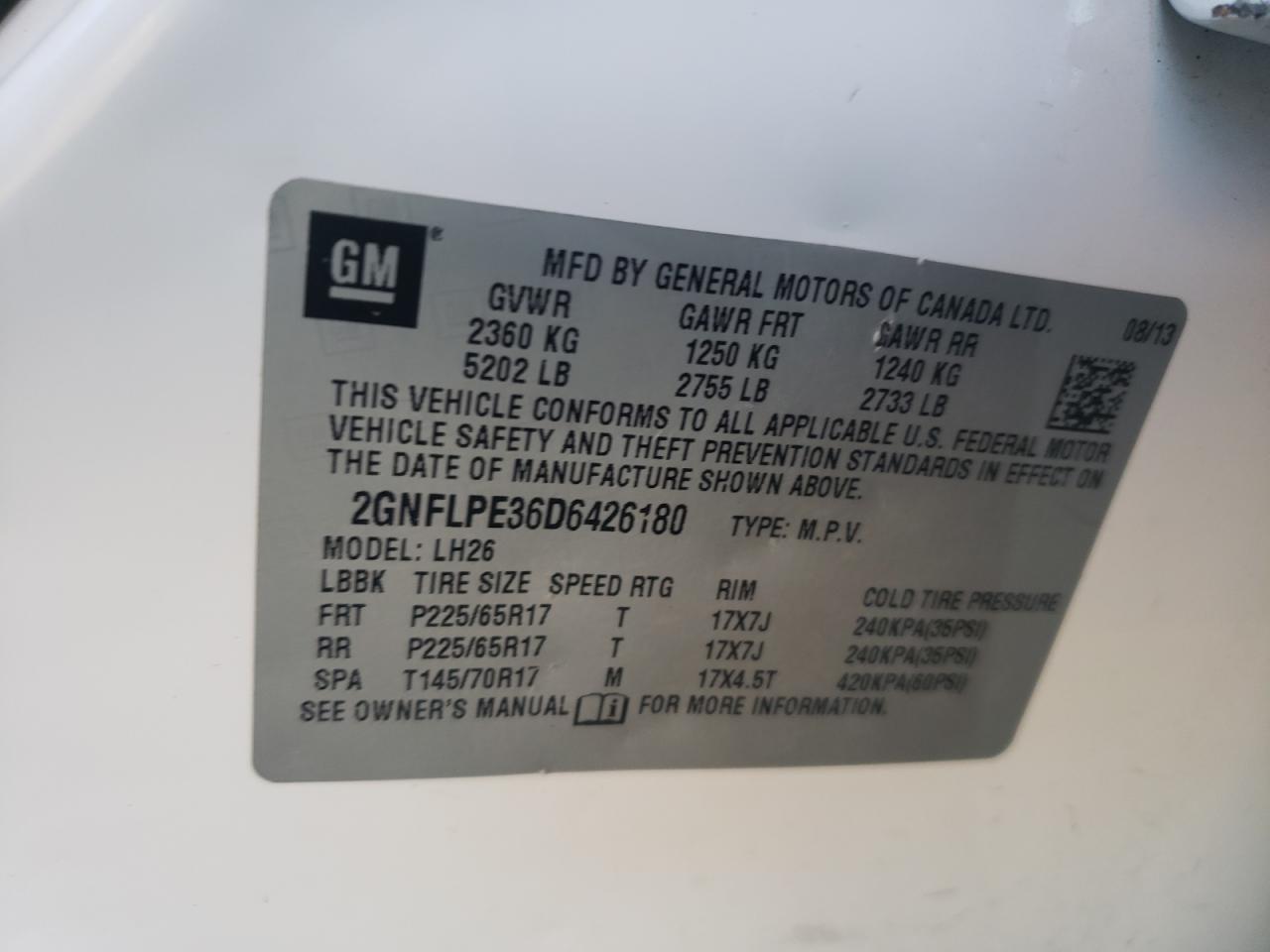 Фото 10 с аукциона – 2013 CHEVROLET EQUINOX LT с VIN 2GNFLPE36D6426180