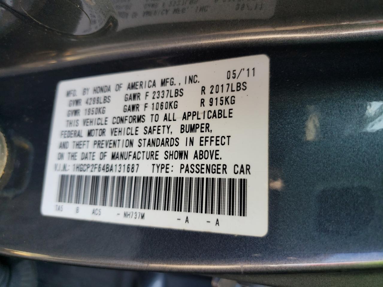 Photo 10 from auction – 2011 HONDA ACCORD with VIN 1HGCP2F64BA131687