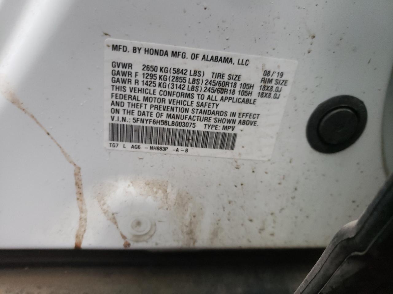 Photo 10 from auction – 2020 HONDA PILOT EXL with VIN 5FNYF6H58LB003075