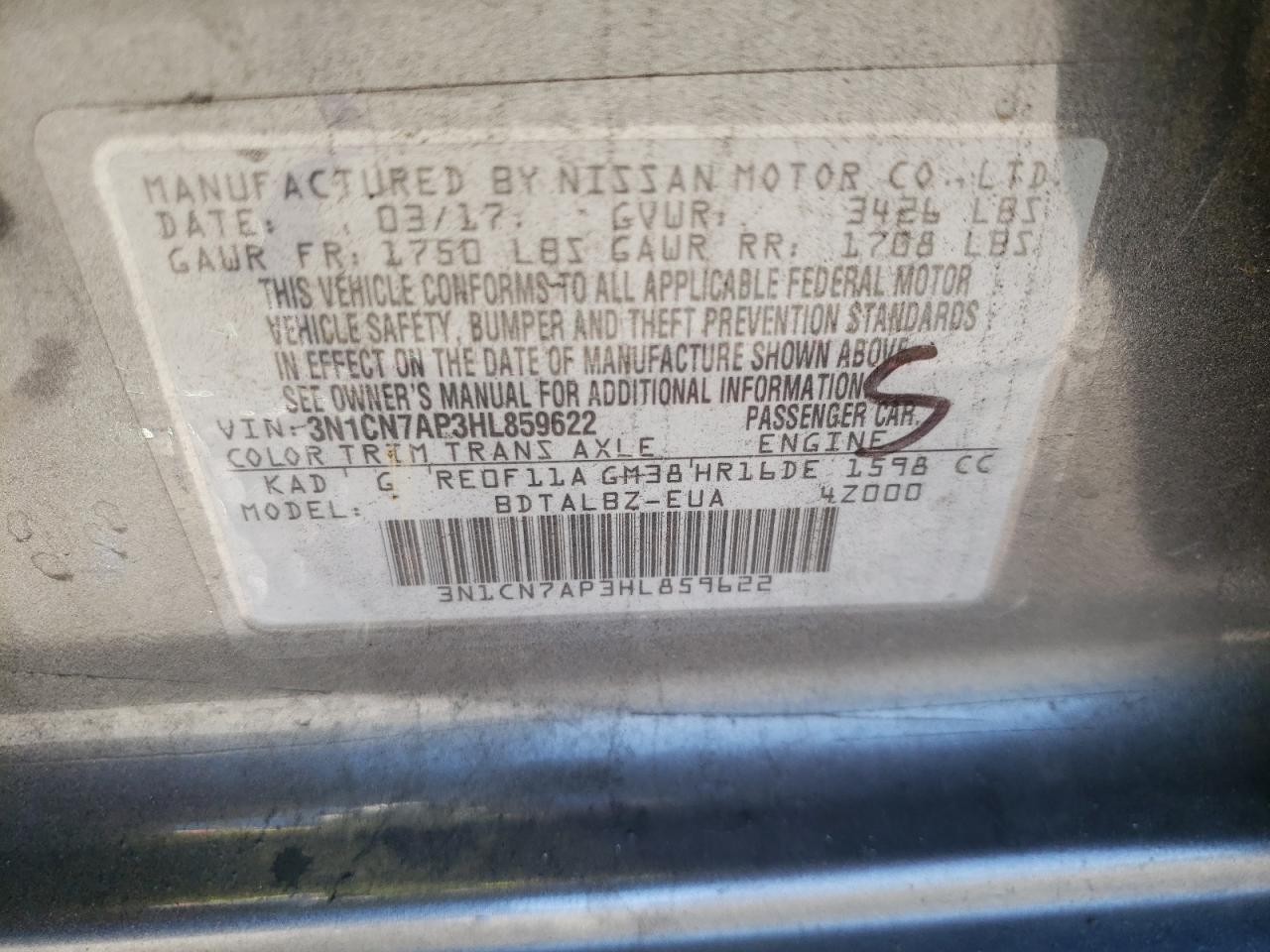 Photo 10 from auction – 2017 NISSAN VERSA S with VIN 3N1CN7AP3HL859622