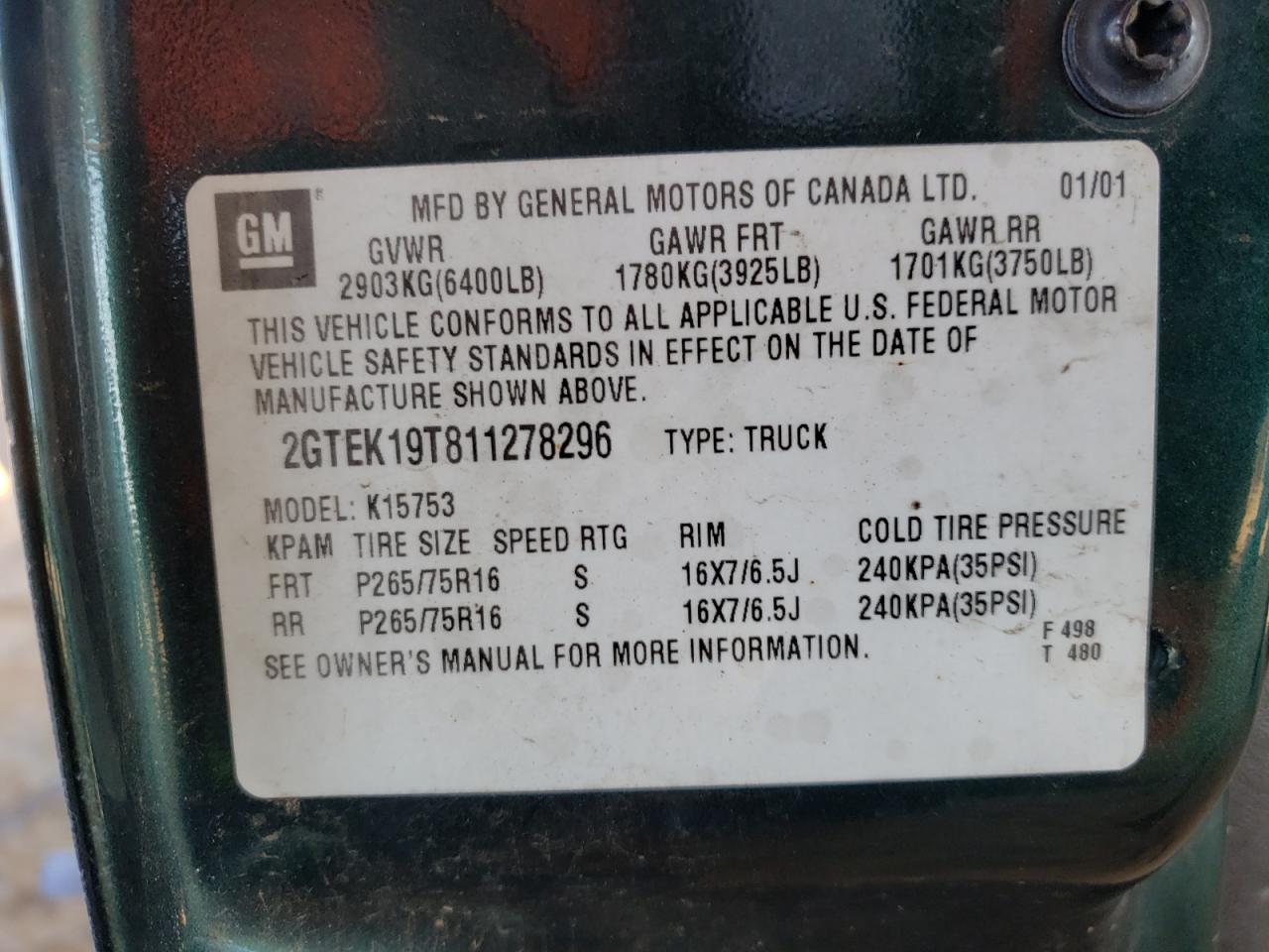 Photo 10 from auction – 2001 GMC NEW SIERRA with VIN 2GTEK19T811278296