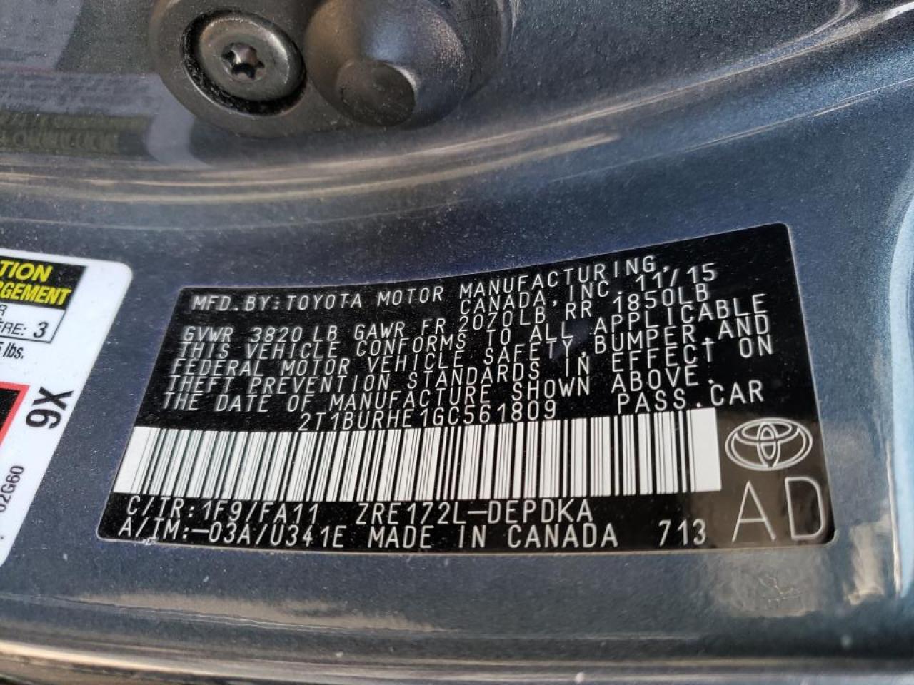 Photo 10 from auction – 2016 TOYOTA COROLLA L with VIN 2T1BURHE1GC561809
