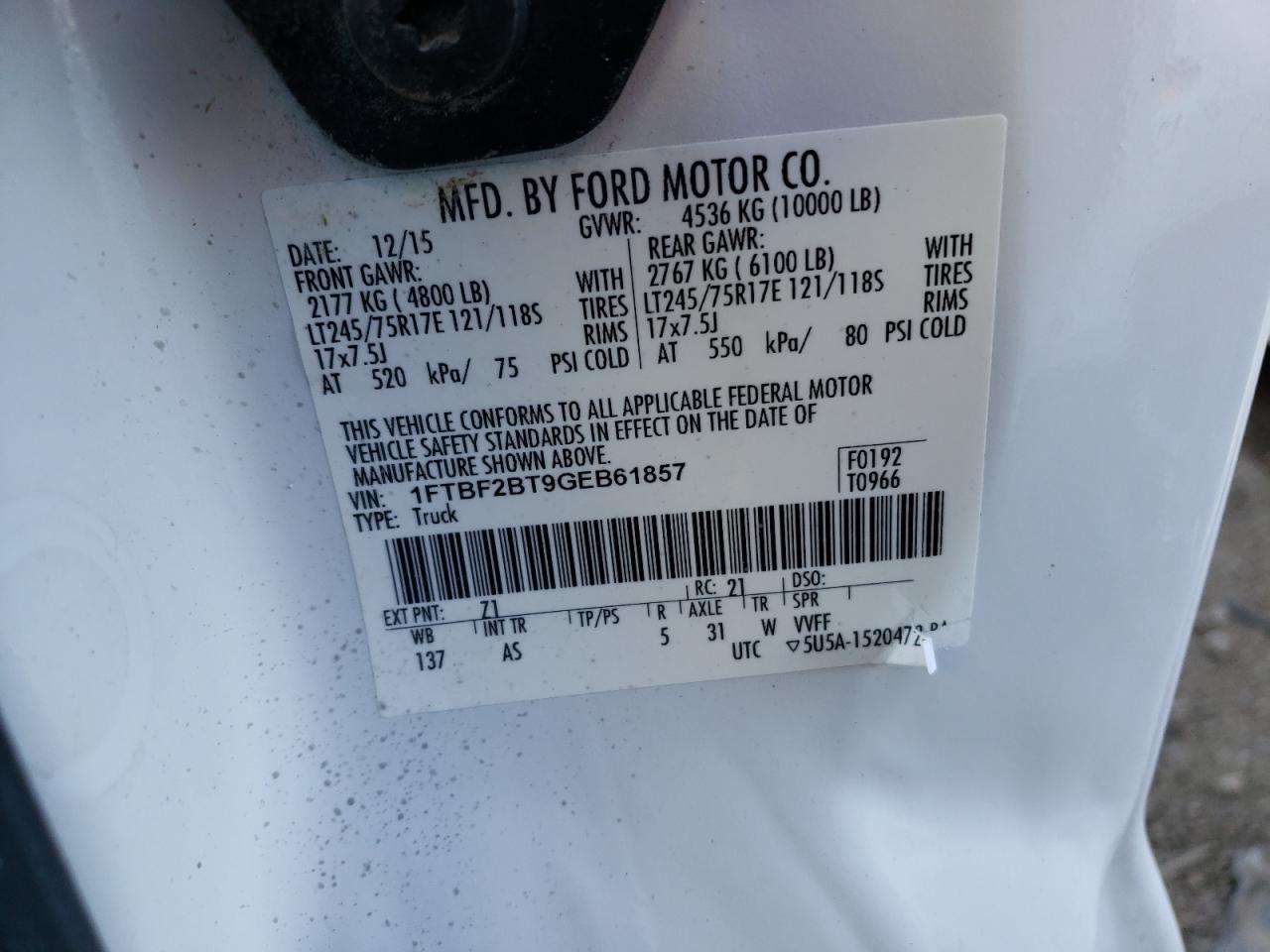 Photo 10 from auction – 2016 FORD F250 SUPER with VIN 1FTBF2BT9GEB61857