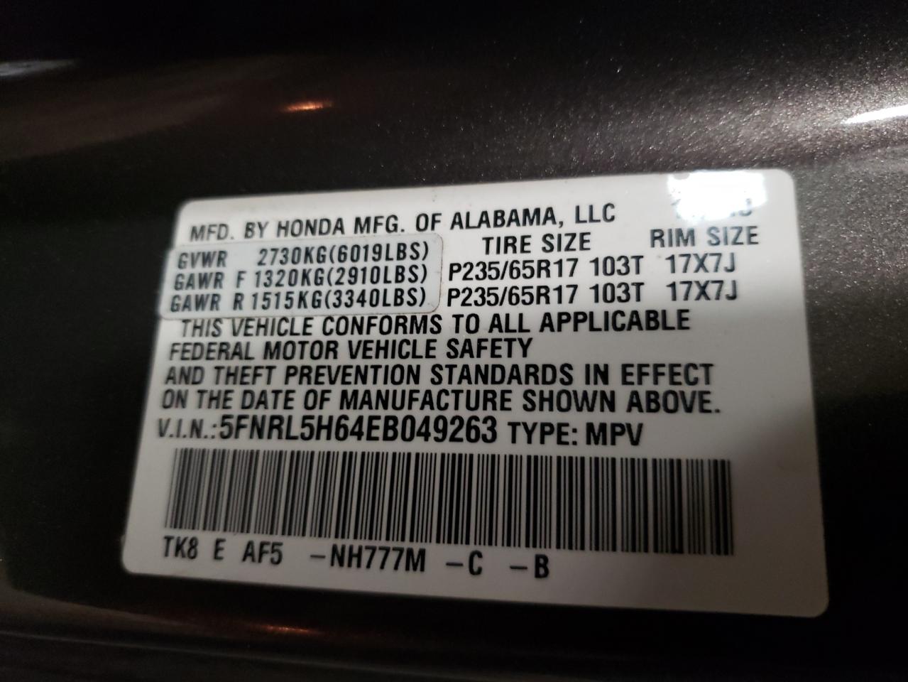 Photo 10 from auction – 2014 HONDA ODYSSEY EX with VIN 5FNRL5H64EB049263