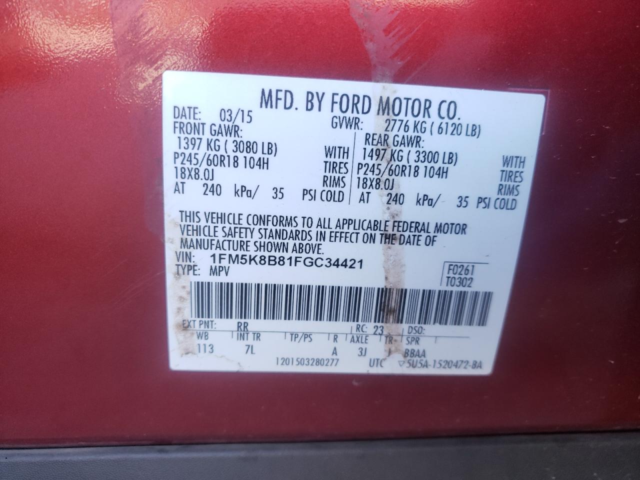 Photo 10 from auction – 2015 FORD EXPLORER with VIN 1FM5K8B81FGC34421