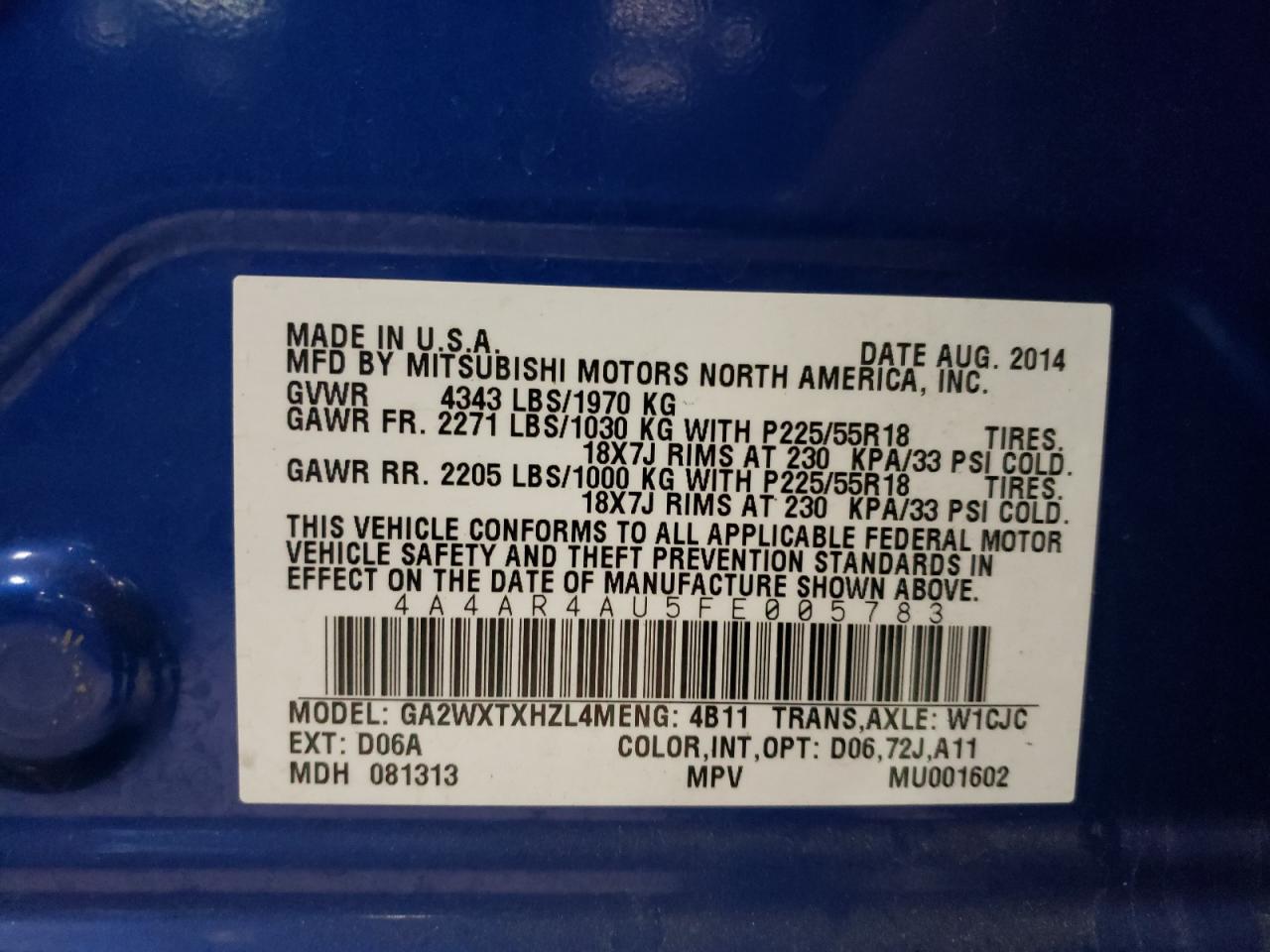 Photo 10 from auction – 2015 MITSUBISHI OUTLANDER with VIN 4A4AR4AU5FE005783