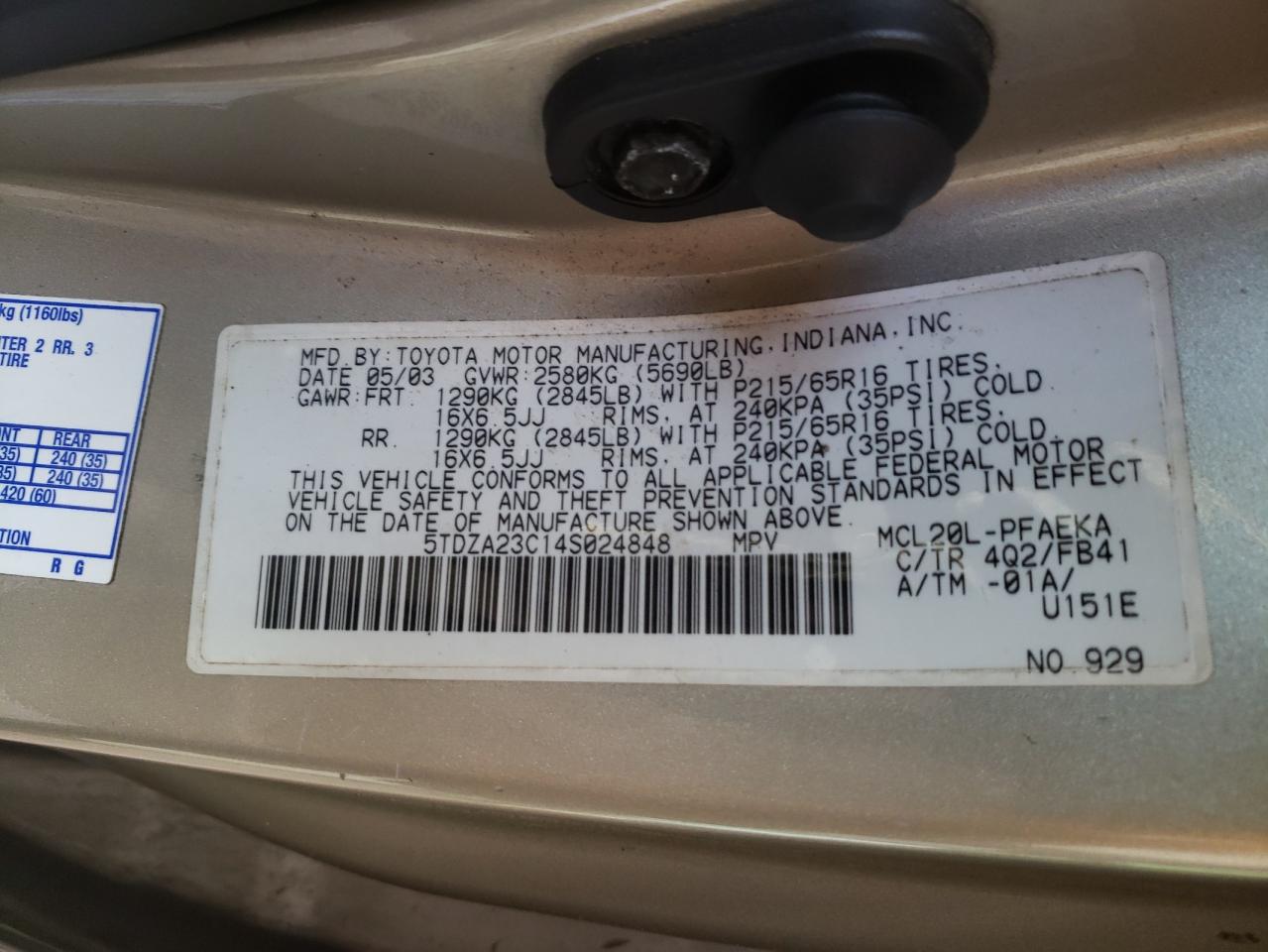 Photo 10 from auction – 2004 TOYOTA SIENNA CE with VIN 5TDZA23C14S024848
