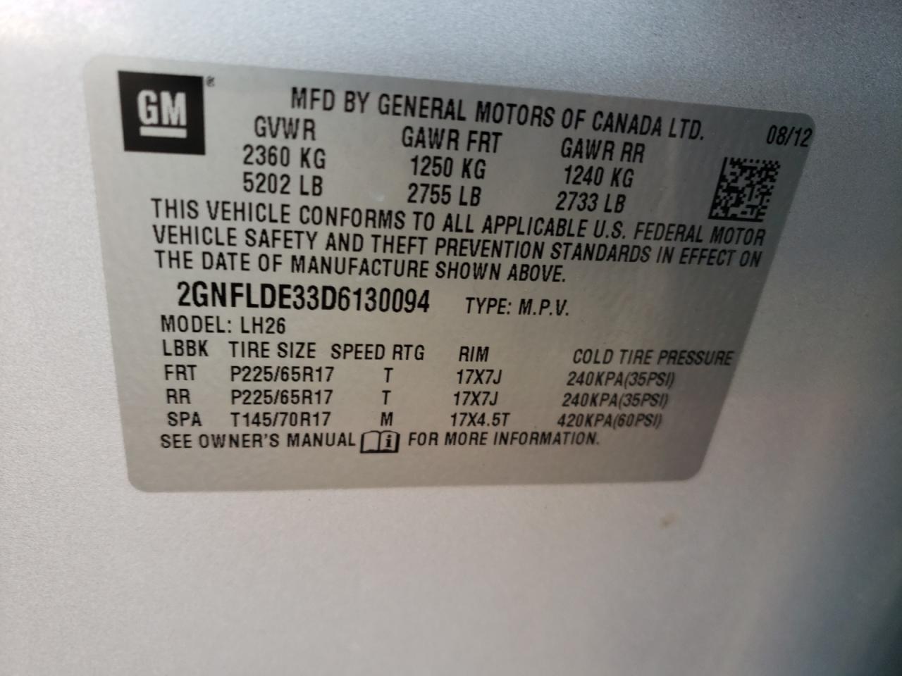 Photo 10 from auction – 2013 CHEVROLET EQUINOX LT with VIN 2GNFLDE33D6130094