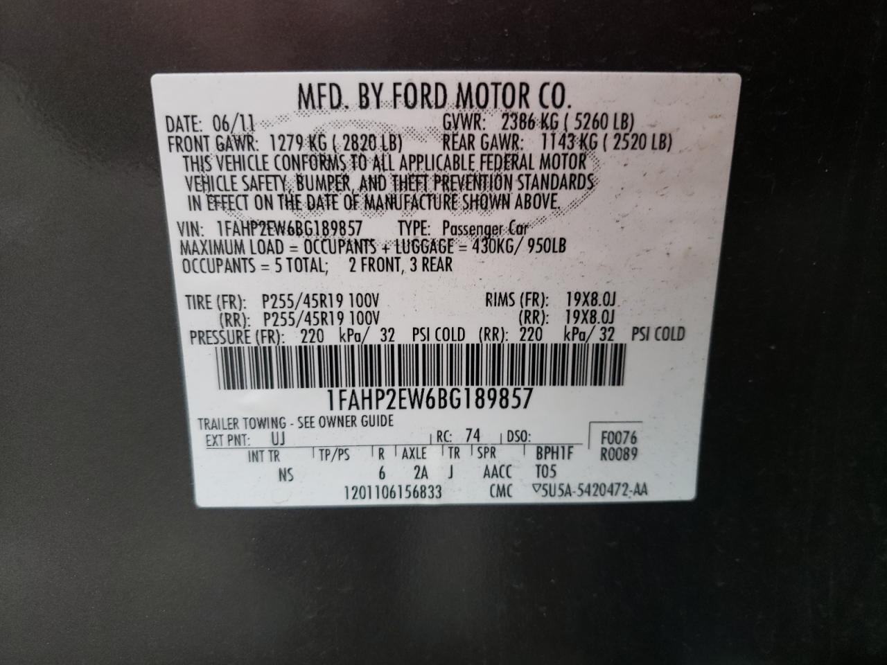 Фото 10 с аукциона – 2011 FORD TAURUS SEL с VIN 1FAHP2EW6BG189857