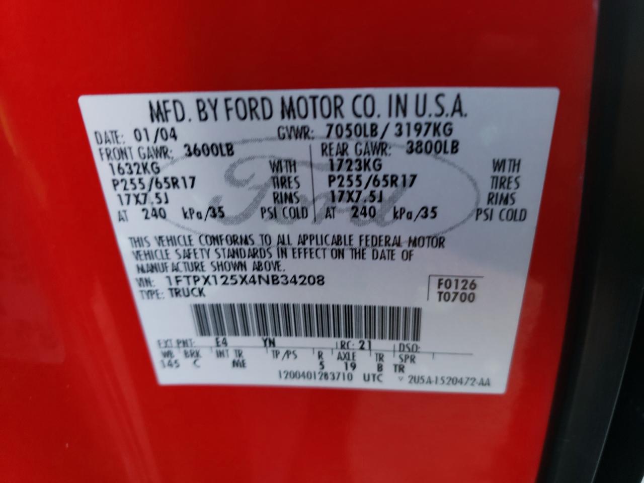 Photo 10 from auction – 2004 FORD F150 with VIN 1FTPX125X4NB34208